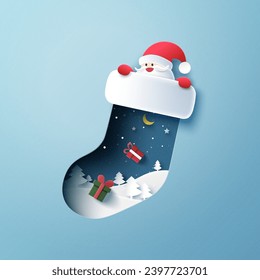 Christmas stockings, socks. decorated with Santa Claus and Gift Box. Merry Christmas and winter season on blue background. Vector illustration in paper art craft 