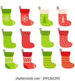 Christmas stockings. Stickers, clipart for xmas. Red, green socks with snowflakes, Christmas tree. Holiday gifts