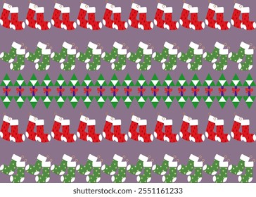 Christmas stockings. Stickers, clipart for xmas. Red, green socks ,triangle tree. Hanging stockings isolated on white