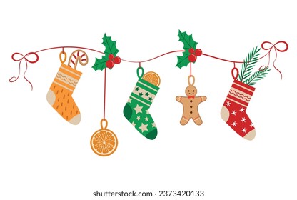 Christmas stockings with traditional holiday decorations, decorative oranges, gingerbread man. Hanging knitted socks with Christmas patterns on a rope. Socks with stars, snowflakes.Vector illustration