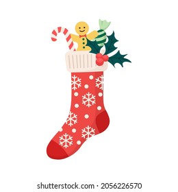 Christmas stockings with traditional holiday ornaments with gingerbread man, sweets, candies. Children clothing elements with xmas patterns with presents, surprises. Socks with snowflakes