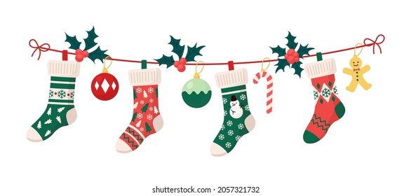 Christmas Stockings With Traditional Holiday Ornaments, Decoration Balls, Gingerbread Man. Hanging Children Clothing Elements With Xmas Patterns On Rope. Socks With Snowflakes, Snowman, Christmas Tree