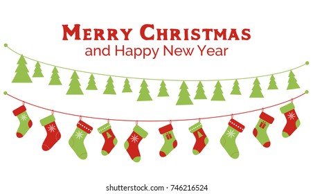 Christmas stockings and christmas tree garlands. Vector banner, greeting card