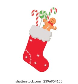 Christmas stockings with various traditional colorful holiday sweets. Gingerbread man, lollypops.Hanging children clothing elements with cute xmas patterns on rope. Red socks with snowflakes