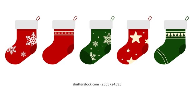 Christmas stockings vector design, Isolated festive holiday ornaments. Hanging Red and Green Sock, Xmas decoration elements in Flat design for greeting card and Banner, vector stock