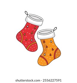  Christmas Stockings Vector Illustration in Red and Yellow with Decorative Pattern