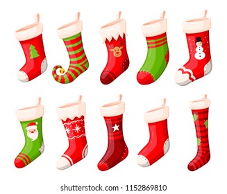 Christmas stockings vector set isolated from background. Various traditional colorful and ornate holiday stockings or socks collection. Cartoon New Year design illustrations.