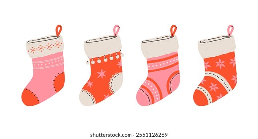 Christmas stockings vector set isolated from background. Various traditional colorful and ornate holiday stockings or socks collection. Cartoon New Year design illustrations.