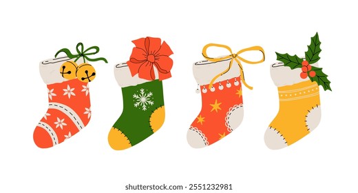 Christmas stockings vector set isolated from background. Various traditional colorful and ornate holiday stockings or socks collection. Cartoon New Year design illustrations.