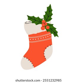 Christmas stockings vector set isolated from background. Various traditional colorful and ornate holiday stockings or socks collection. Cartoon New Year design illustrations.