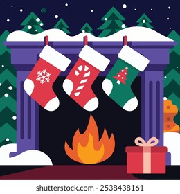 Christmas stockings in winter nature. Cute christmas stockings, winter snow in background. Vector Illustration