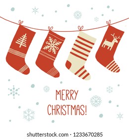 Christmas stockings in winter nature - white and red. Christmas Socks background. Christmas card. Cartoon vector hand drawn eps 10 illustration isolated on white background in a flat style