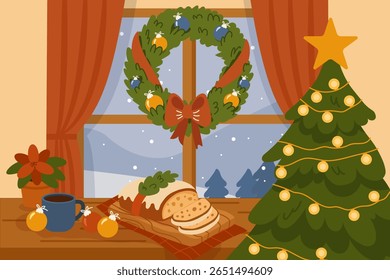 Christmas Stollen bread with wreath and tree by window, cozy holiday. Vector illustration for holiday greeting cards, posters, banners, and seasonal culinary projects.