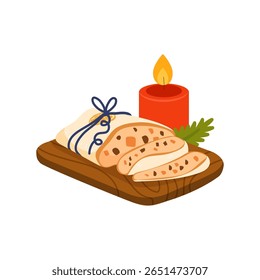 Christmas Stollen cake slices on a wooden cutting board, decorated with a red candle and fir branch. Vector illustration for festive holiday designs, bakery packaging, cards, and winter promotions.