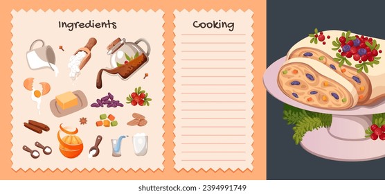 Tarjetas de recetas estolladas de Navidad. Ingredientes para hacer tarta tradicional festiva alemana. Ingredientes de cocción dibujados a mano. Menú especial para casa. Ilustración vectorial de dibujos animados.