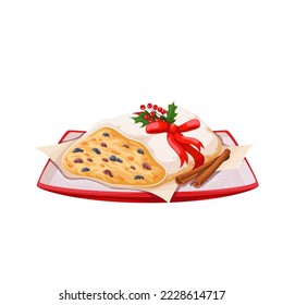 Christmas stollen vector illustration. Cartoon isolated German sweet fruit cake on plate, Christmas fruitcake dessert with sugar glaze, nuts and raisins, holly berry branch and red ribbon decoration