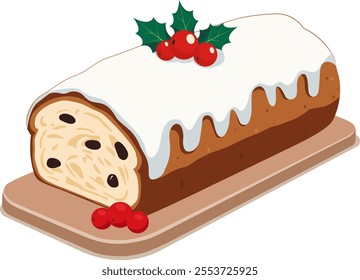 Christmas stollen vector illustration. Cartoon isolated German sweet fruit cake on plate, Christmas fruitcake dessert with sugar glaze, nuts and raisins, holly berry branch 