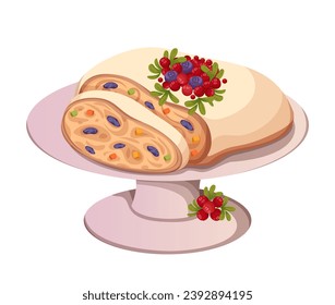 Christmas stollen vector illustration. German sweet fruit cake on plate. Christmas fruitcake dessert with sugar glaze, candied fruits and raisins, cranberries branch decoration. Cartoon illustration.