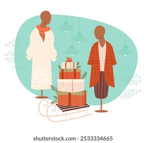 Interior de la tienda de Navidades. Maniquíes del año Nuevo con las ropas femeninas y trineos con las cajas de regalo y las ramas del árbol. Concepto de Festiva de compras para regalos, maniquí festivo. Ilustración vectorial en estilo plano