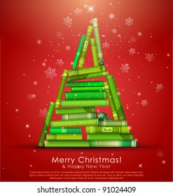 "Christmas Stories Collection". Christmas tree formed from books. Vector Illustration.