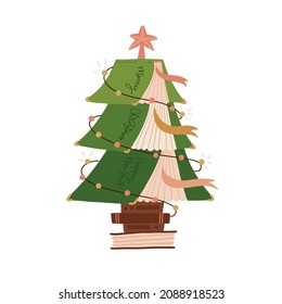 Christmas Stories concept. Green Christmas tree formed from books. Xmas symbol decorated with garland and star. Love reading creative metaphor. Vector flat hand drawn Illustration.