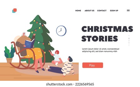 Christmas Stories Landing Page Template. Kids Visit Grandparent for Xmas Holidays. Happy Grandma Reading Book to Grandchildren Sitting nearby. Festive Time with Granny. Cartoon Vector Illustration