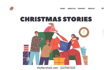 Christmas Stories Landing Page Template. Santa Claus Read to Children, Father Noel Character Sitting on Armchair at Decorated Fir-Tree with Book Read to Little Kids. Cartoon People Vector Illustration