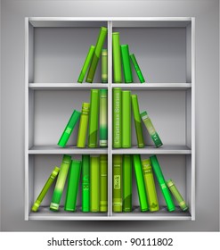 "Christmas Stories". Christmas tree formed from books on the bookshelf. Vector Illustration.