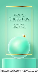 Christmas Stories Vector Advertising Card or Poster Template. Season Promo Background Scene with Realistic Bauble and Sale Podium. New Year Winter Holidays Discount Pastel Story Decoration Template.