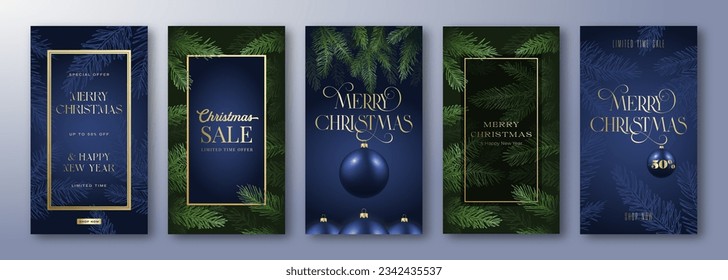 Christmas Stories Vector Advertising Cards Collection  Pine Branches Background and Realistic Baubles  Text Copy Space   Shop Now Button  New Year Winter Holidays Story Decoration Template