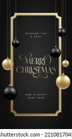 Christmas Stories Vector Advertising Template. Season Promo Background Scene with Realistic Black and Golden Baubles and Classic Frame. Winter Holidays Social Media Poster Card Mockup 3D Ball Banner