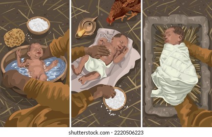 Christmas Story - The baby Jesus being washed, rubbed with salt and wrapped in swaddling cloths and placed in manger, depicting Luke 2 and what happened to newborns in Ezekiel 16.