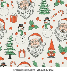 Christmas story colorful pattern seamless with Santa head and snowman near Christmas holly and gift boxes vector illustration