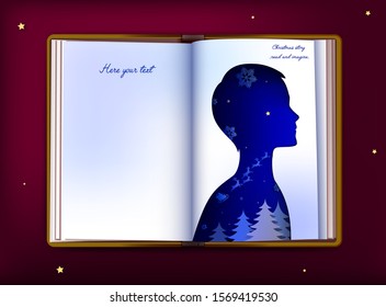 Christmas story concept, fairy childhood, Christmas inside the fairy book, kids dream about santa, empty book page looks like paper boy silhouette, vector