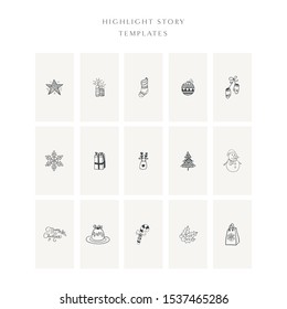 Christmas Story Highlight Templates Set. Set of Hand Drawn Xmas Doodle design elements. Logo design. Icons, Logo for boutique, shop, artist.