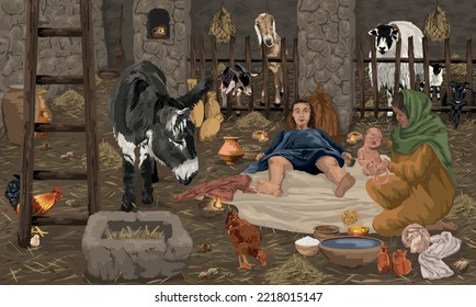 Christmas Story - Mary after giving birth to her firstborn son, Jesus Christ, in lower part of house, amongst the animals - Luke 2