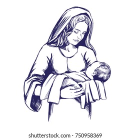 Christmas story. Mary and baby Jesus, Son of God , symbol of Christianity hand drawn vector illustration.