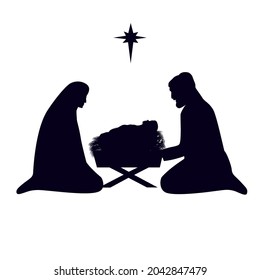 Christmas story Mary Joseph and baby Jesus in manger. Nativity scene in silhouette of baby Jesus in the manger with star. The Birth of Christ, vector illustration