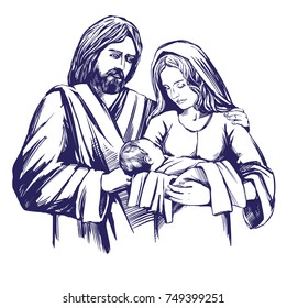 Historia de Navidad. María, José y el niño Jesús, Hijo de Dios , símbolo de la cristiandad dibujado a mano ilustración vectorial.