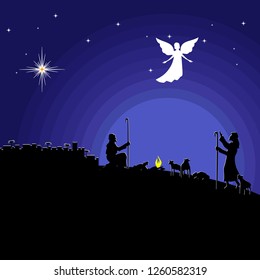 Christmas story. Night Bethlehem. An angel appeared to the shepherds to tell about the birth of the Savior Jesus into the world.