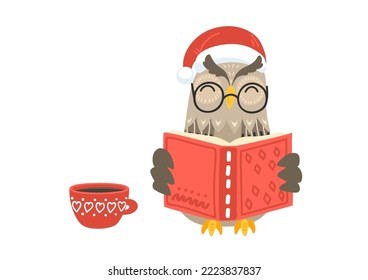 Christmas story  Owl in Santa hat read book  Winter holidays children illustration  