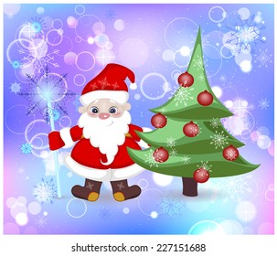 Christmas story, Santa Claus with a magic wand close to the tree