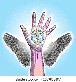 Christmas story. Son of God symbol of Christianity hand drawn concept. God send his son to Earth for love of people. Angel hand with wings hold planet Earth and baby Jesus on blue background. Vector.