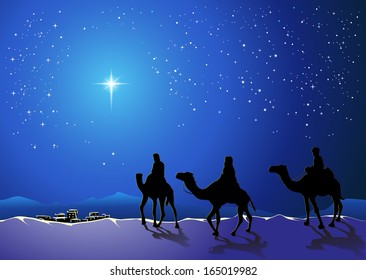 Christmas Story. Three Wise Men Go For The Star Of Bethlehem