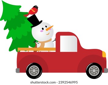 Christmas story time. The car is carrying a snowman and a Christmas tree. Christmas and New Year vector composition. 