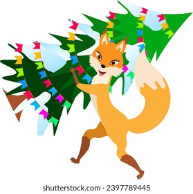 Christmas story time. The fox carries a decorated Christmas tree. Christmas and New Year vector composition.