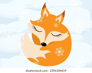 Christmas story time. The fox sleeps in the snow. Christmas and New Year vector composition.