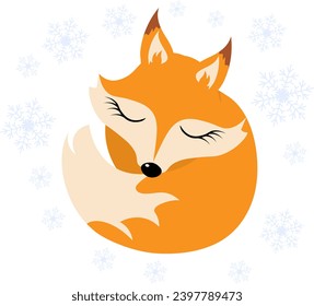 Christmas story time. The fox sleeps surrounded by snowflakes. Christmas and New Year vector composition.