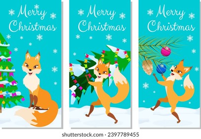 Christmas story time. Fox with a Christmas tree on a winter background. Christmas and New Year vector composition. 