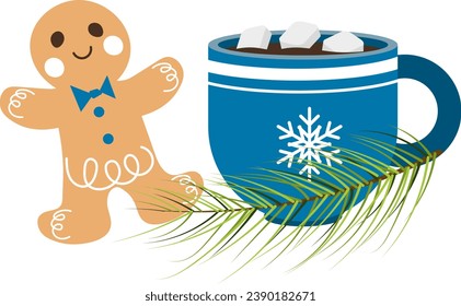 Christmas story time. Gingerbread man and a mug of coffee with marshmallows next to a fir branch. Christmas and New Year vector composition.